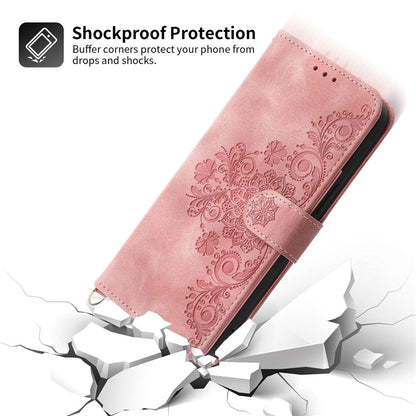 Skin-touch Imprinted Flowers Pattern Leather Case for iPhone 14 Pro Max, Stand Wallet Multiple Card Slots Phone Cover with Wrist Strap and Shoulder Strap