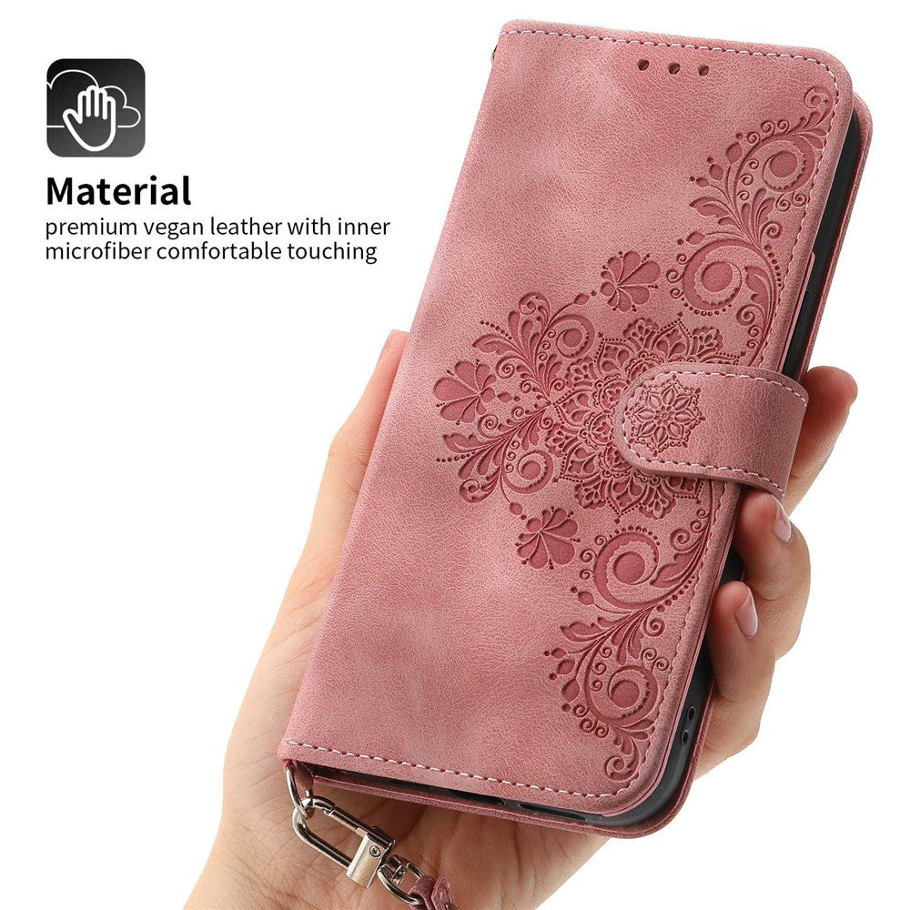 Skin-touch Imprinted Flowers Pattern Leather Case for iPhone 14 Pro Max, Stand Wallet Multiple Card Slots Phone Cover with Wrist Strap and Shoulder Strap