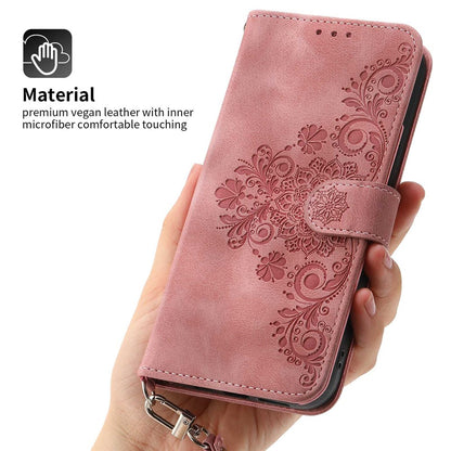 Skin-touch Imprinted Flowers Pattern Leather Case for iPhone 14 Pro Max, Stand Wallet Multiple Card Slots Phone Cover with Wrist Strap and Shoulder Strap