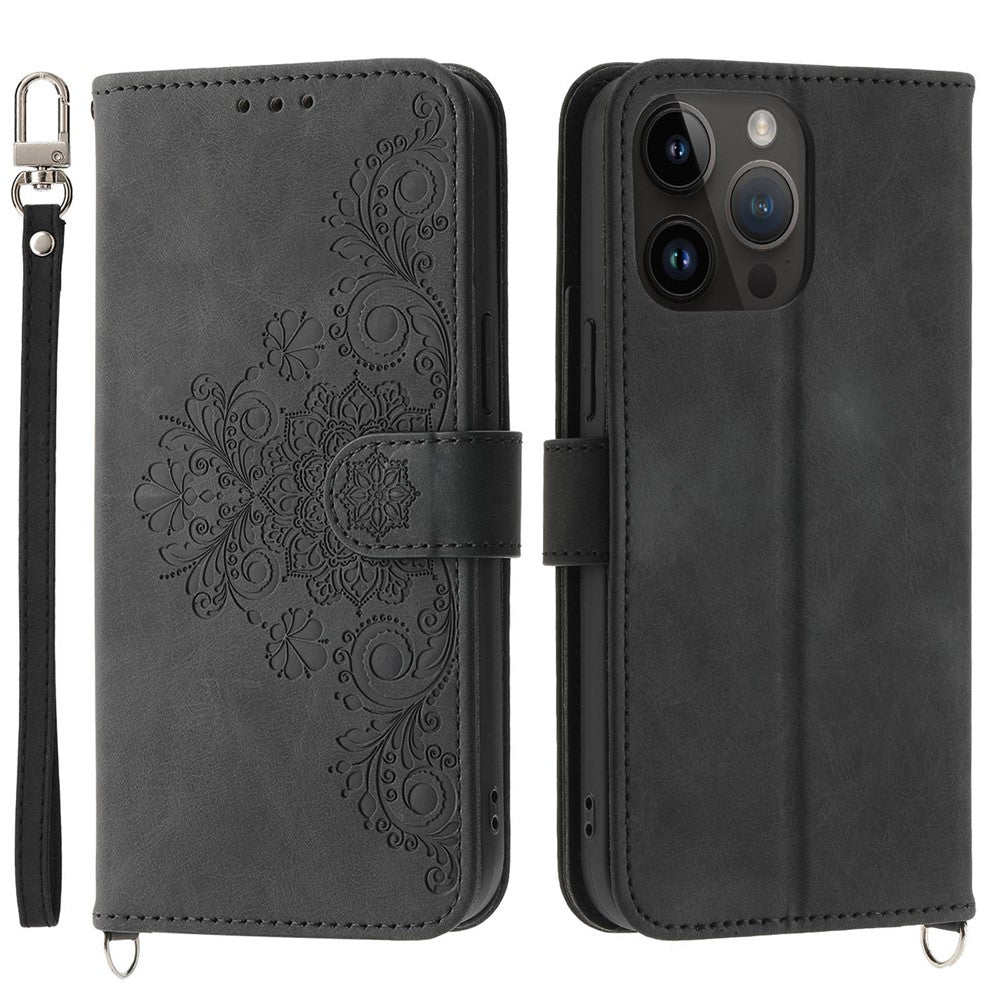 Skin-touch Imprinted Flowers Pattern Leather Case for iPhone 14 Pro Max, Stand Wallet Multiple Card Slots Phone Cover with Wrist Strap and Shoulder Strap