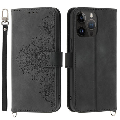 Skin-touch Imprinted Flowers Pattern Leather Case for iPhone 14 Pro Max, Stand Wallet Multiple Card Slots Phone Cover with Wrist Strap and Shoulder Strap