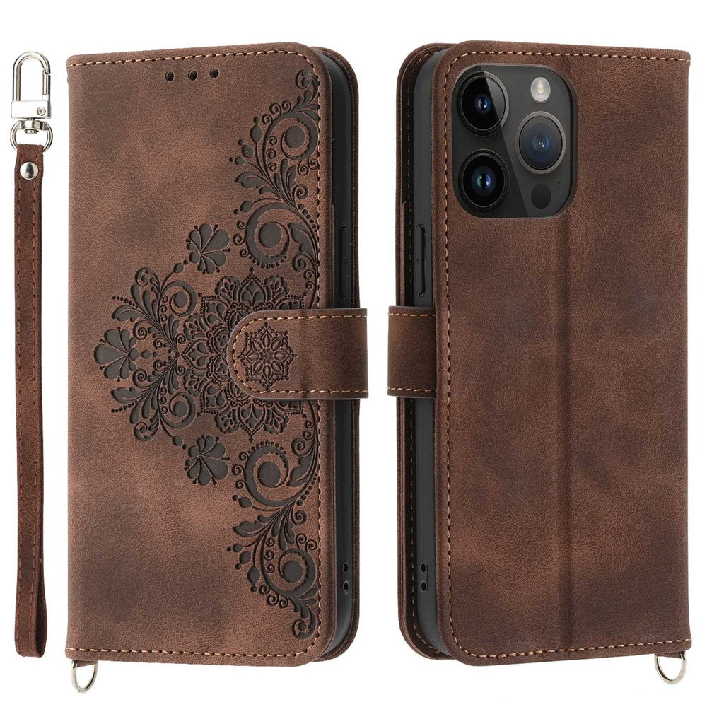 Skin-touch Imprinted Flowers Pattern Leather Case for iPhone 14 Pro Max, Stand Wallet Multiple Card Slots Phone Cover with Wrist Strap and Shoulder Strap