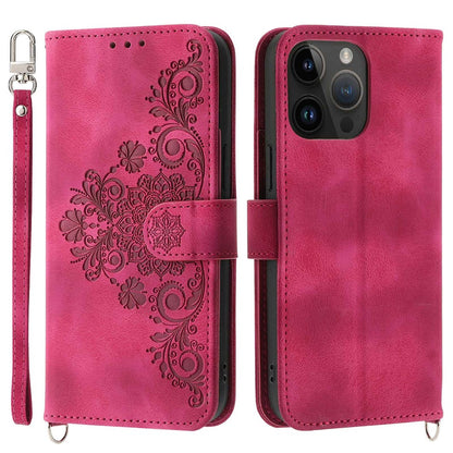 Skin-touch Imprinted Flowers Pattern Leather Case for iPhone 14 Pro Max, Stand Wallet Multiple Card Slots Phone Cover with Wrist Strap and Shoulder Strap