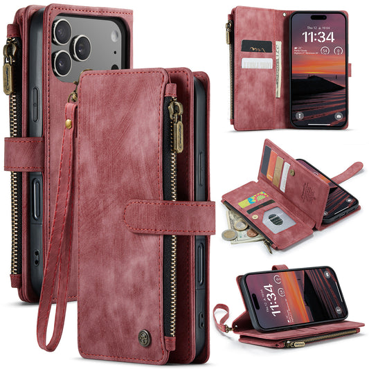 CASEME For iPhone 17 Pro Phone Cases with Strap  C30 Zipper Multiple Card Holder PU Leather Cover