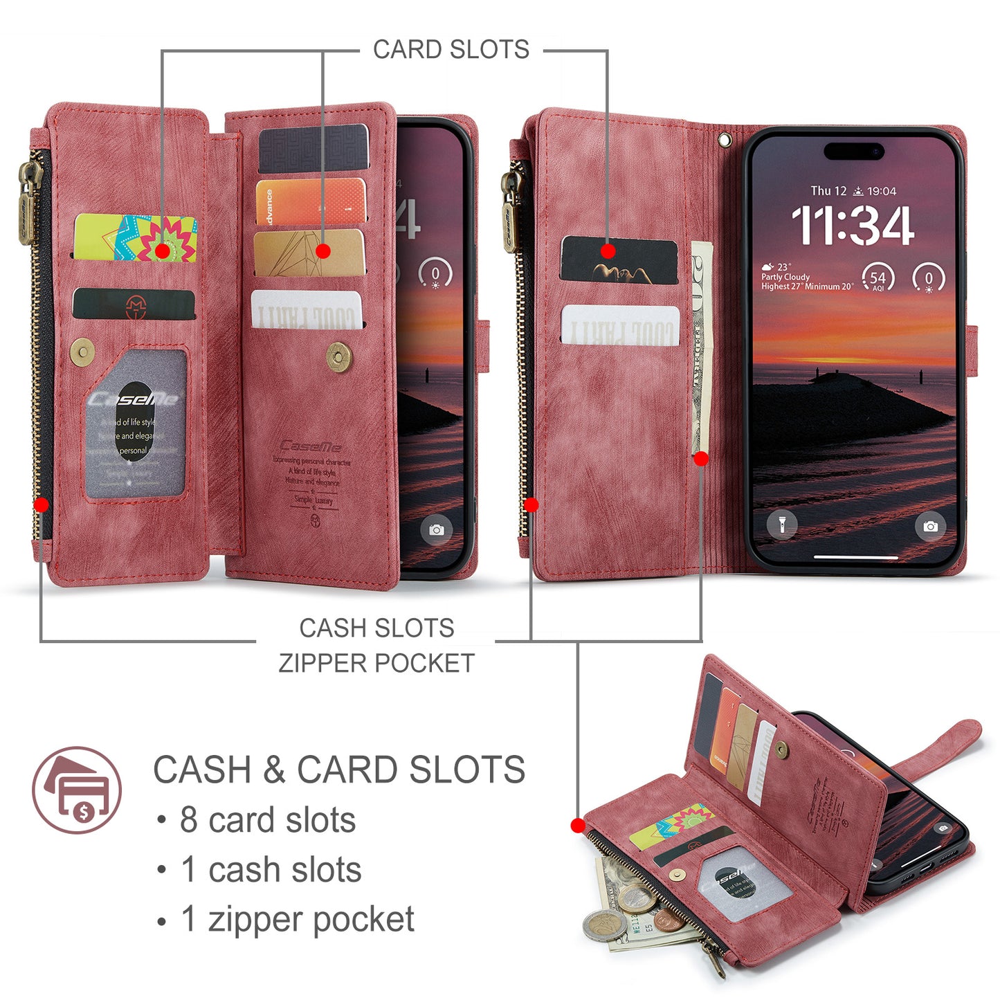 CASEME For iPhone 17 Pro Phone Cases with Strap  C30 Zipper Multiple Card Holder PU Leather Cover