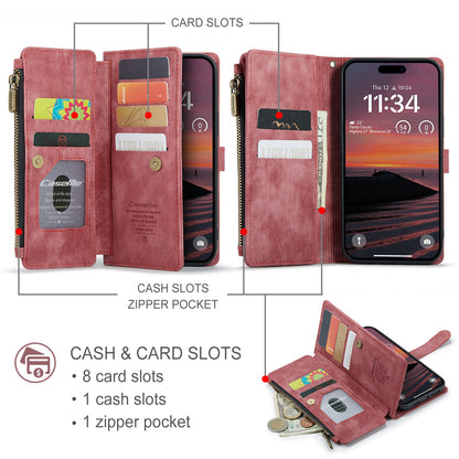CASEME For iPhone 17 Pro Phone Cases with Strap  C30 Zipper Multiple Card Holder PU Leather Cover