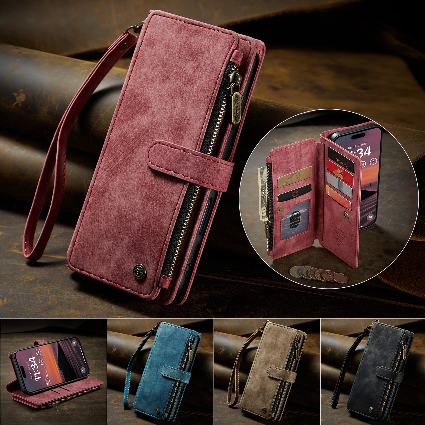 CASEME For iPhone 17 Pro Phone Cases with Strap  C30 Zipper Multiple Card Holder PU Leather Cover