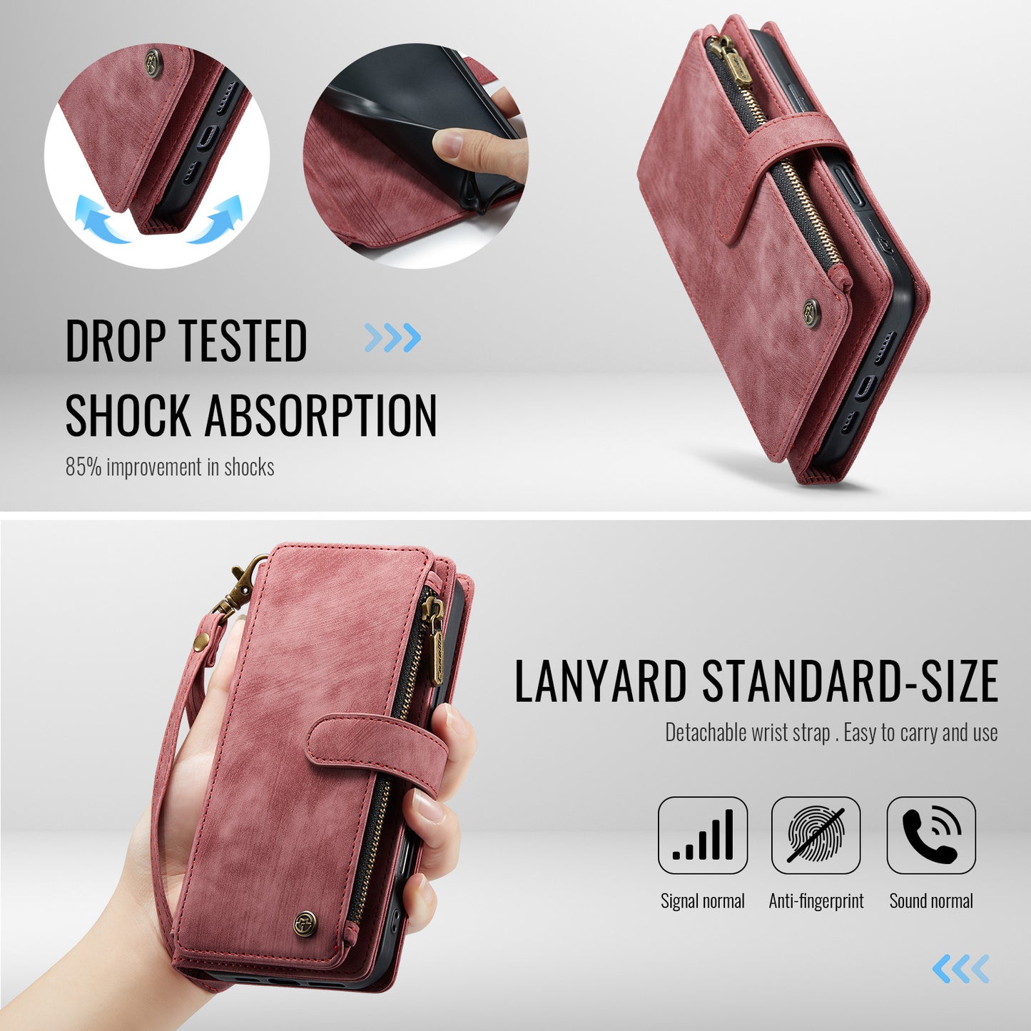 CASEME For iPhone 17 Pro Phone Cases with Strap  C30 Zipper Multiple Card Holder PU Leather Cover