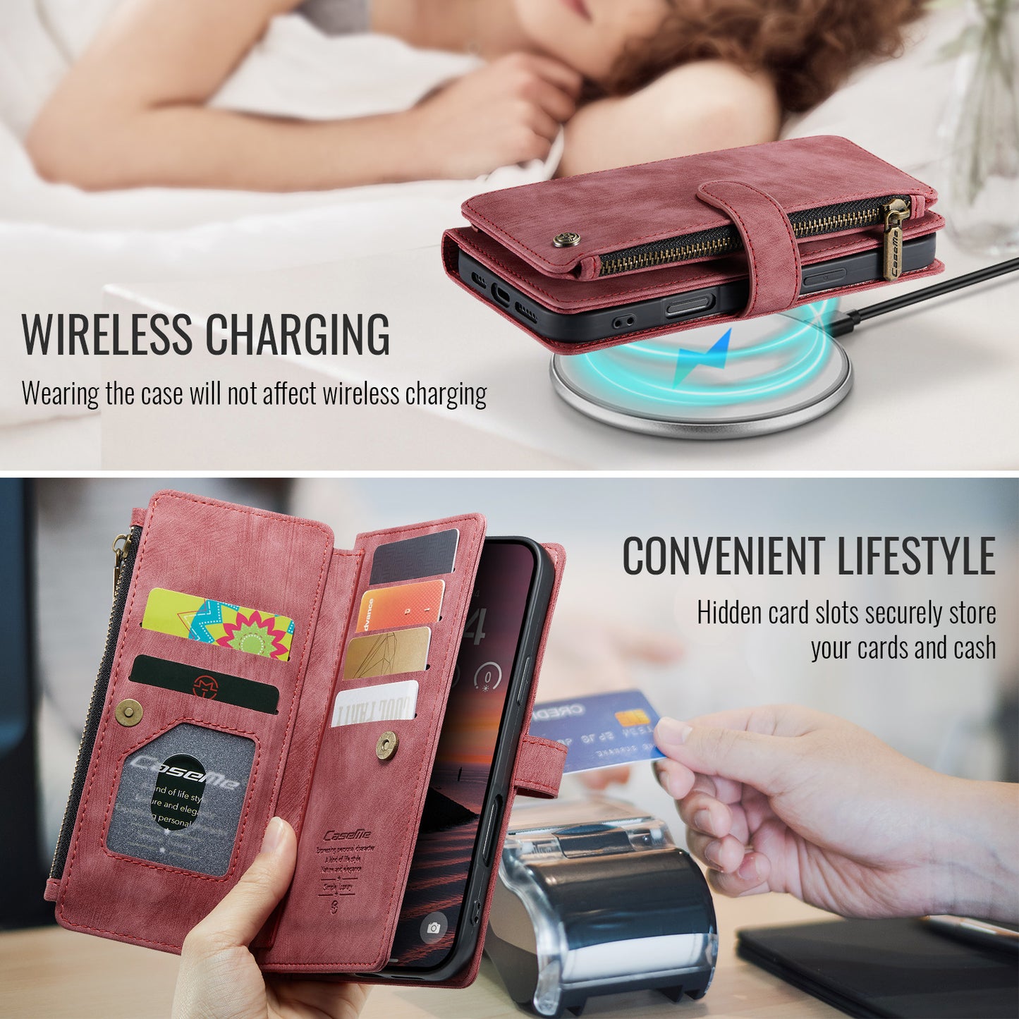 CASEME For iPhone 17 Pro Phone Cases with Strap  C30 Zipper Multiple Card Holder PU Leather Cover
