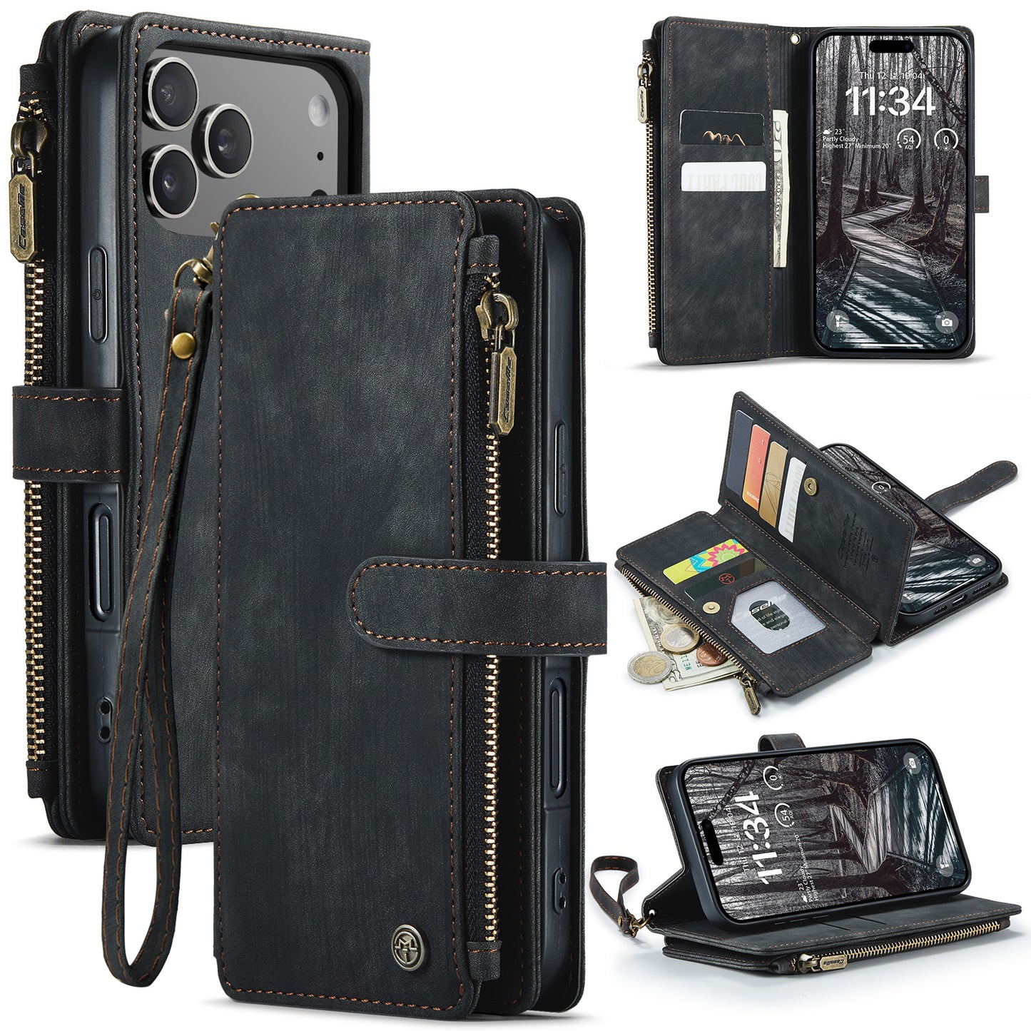CASEME For iPhone 17 Pro Phone Cases with Strap  C30 Zipper Multiple Card Holder PU Leather Cover
