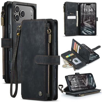CASEME For iPhone 17 Pro Phone Cases with Strap  C30 Zipper Multiple Card Holder PU Leather Cover