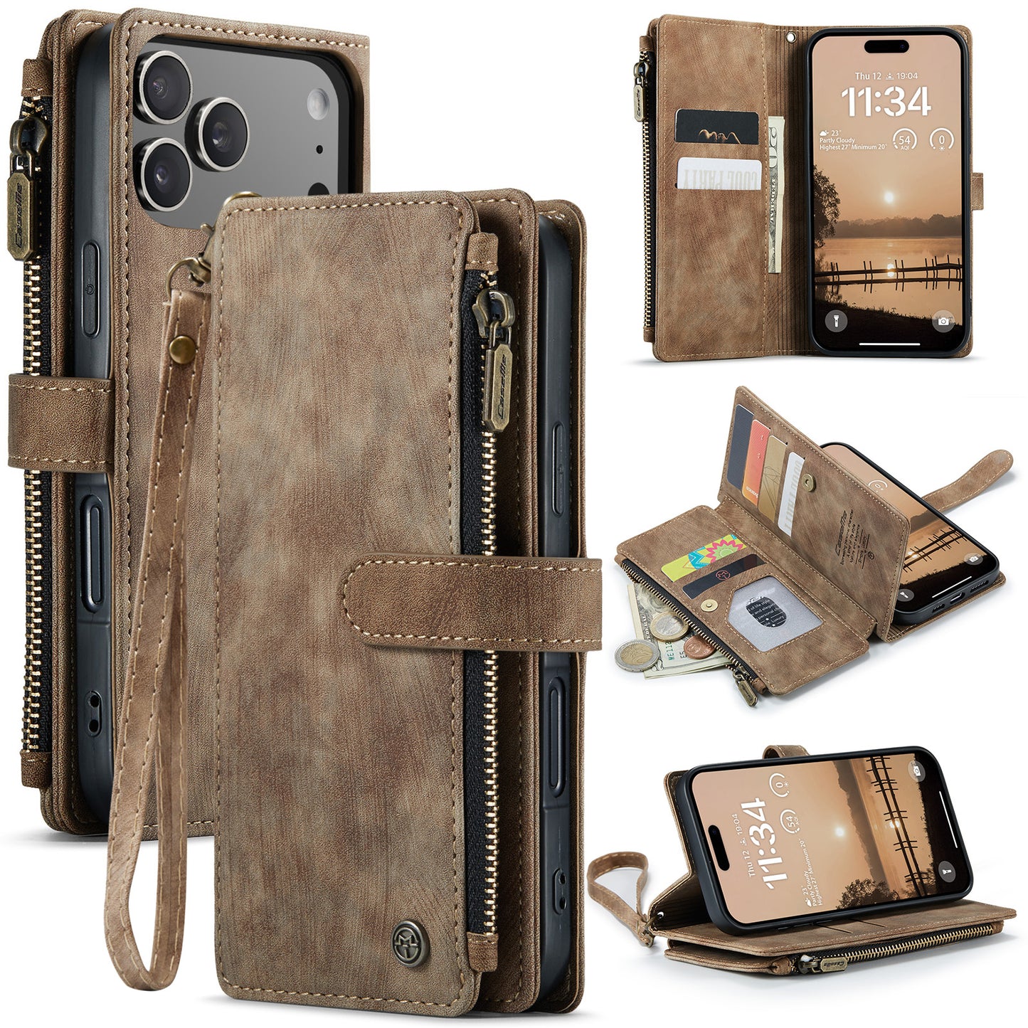CASEME For iPhone 17 Pro Phone Cases with Strap  C30 Zipper Multiple Card Holder PU Leather Cover