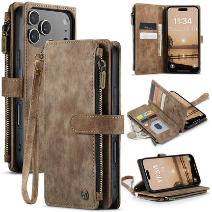 CASEME For iPhone 17 Pro Phone Cases with Strap  C30 Zipper Multiple Card Holder PU Leather Cover