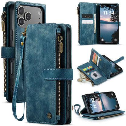 CASEME For iPhone 17 Pro Phone Cases with Strap  C30 Zipper Multiple Card Holder PU Leather Cover