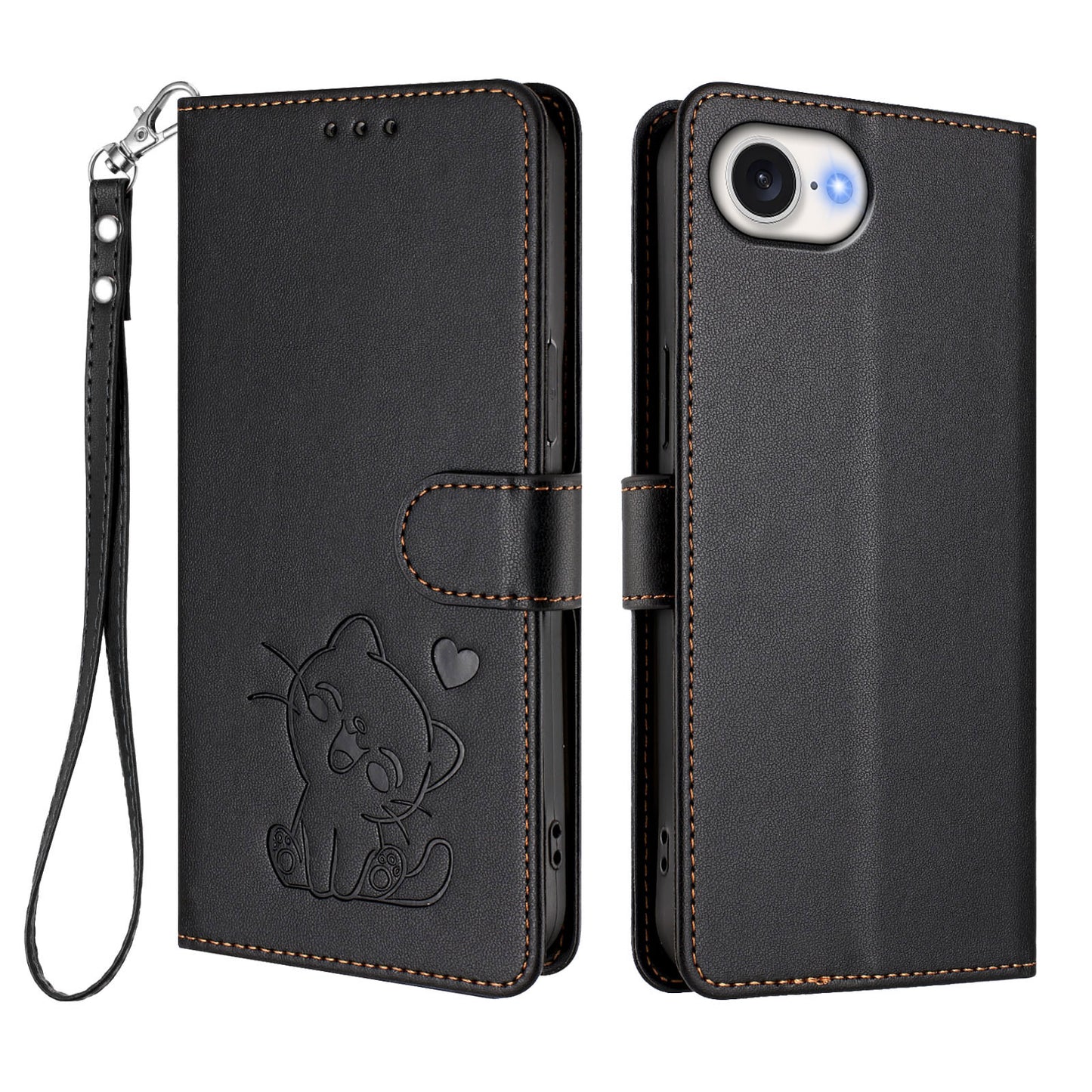 For iPhone 17e / 16e Wallet Case with Wrist Strap Love Cat Pattern Imprint Leather Phone Cover