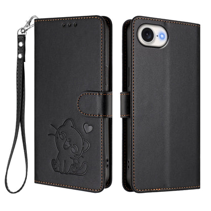 For iPhone 17e / 16e Wallet Case with Wrist Strap Love Cat Pattern Imprint Leather Phone Cover