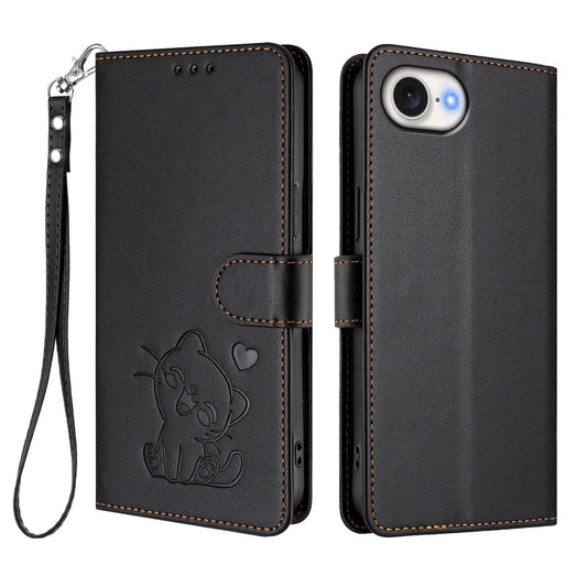 For iPhone 17e / 16e Wallet Case with Wrist Strap Love Cat Pattern Imprint Leather Phone Cover