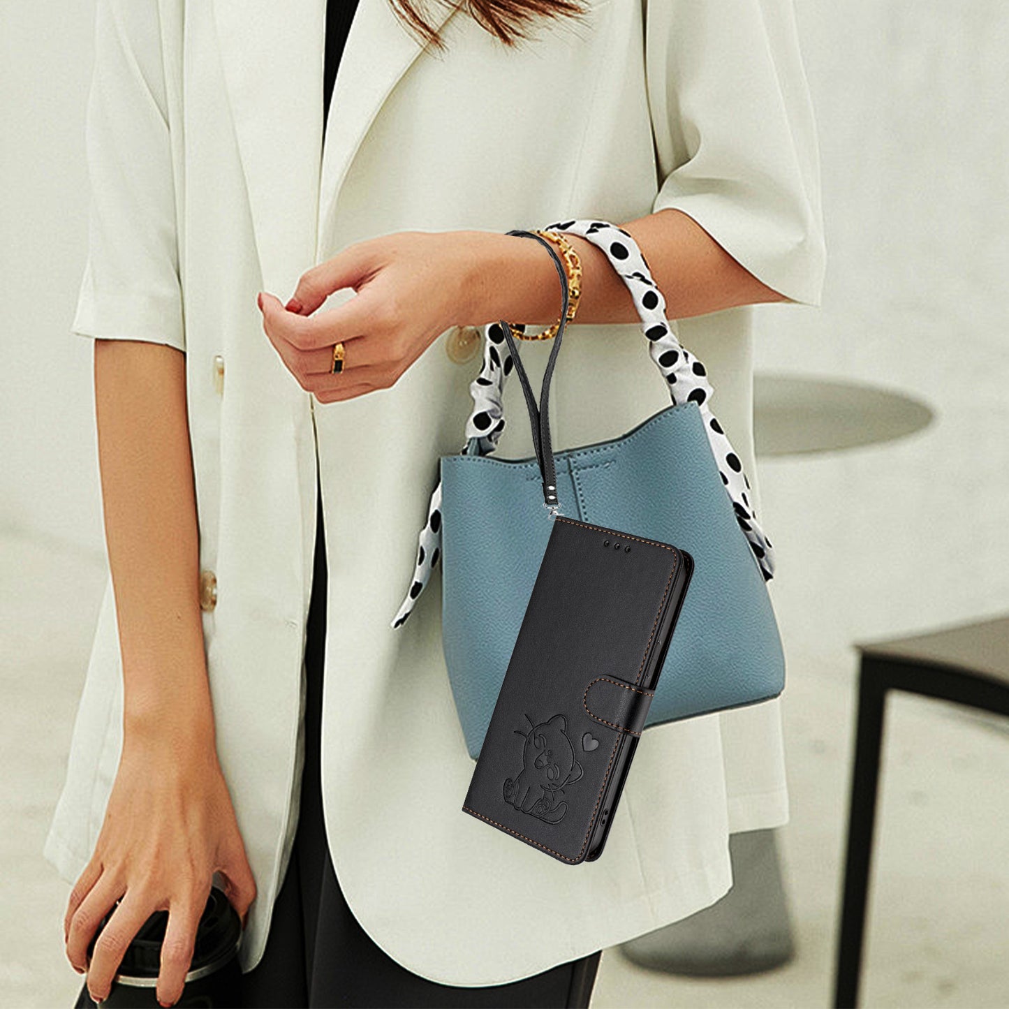 For iPhone 17e / 16e Wallet Case with Wrist Strap Love Cat Pattern Imprint Leather Phone Cover