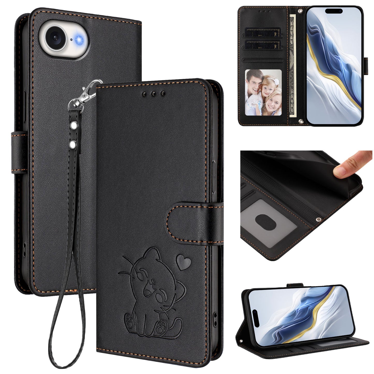 For iPhone 17e / 16e Wallet Case with Wrist Strap Love Cat Pattern Imprint Leather Phone Cover