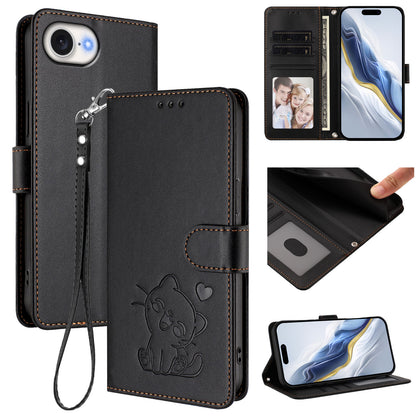 For iPhone 17e / 16e Wallet Case with Wrist Strap Love Cat Pattern Imprint Leather Phone Cover