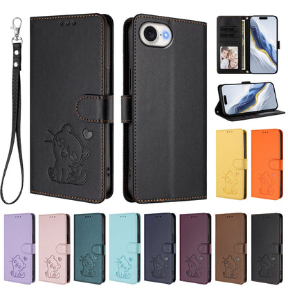 For iPhone 17e / 16e Wallet Case with Wrist Strap Love Cat Pattern Imprint Leather Phone Cover