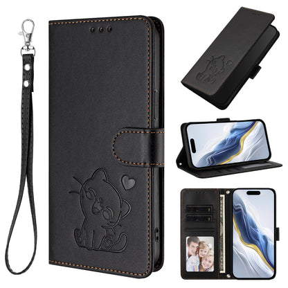 For iPhone 17e / 16e Wallet Case with Wrist Strap Love Cat Pattern Imprint Leather Phone Cover
