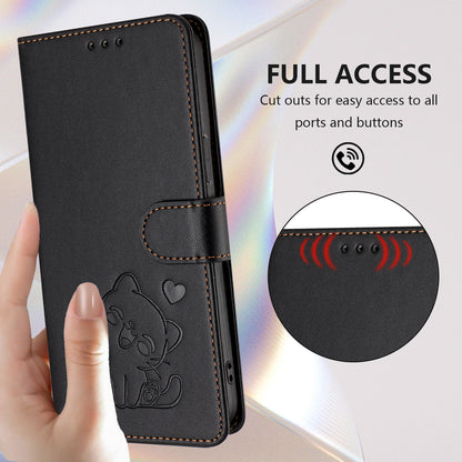 For iPhone 17e / 16e Wallet Case with Wrist Strap Love Cat Pattern Imprint Leather Phone Cover