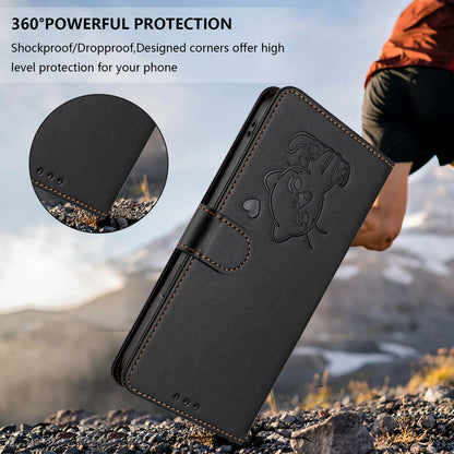 For iPhone 17e / 16e Wallet Case with Wrist Strap Love Cat Pattern Imprint Leather Phone Cover