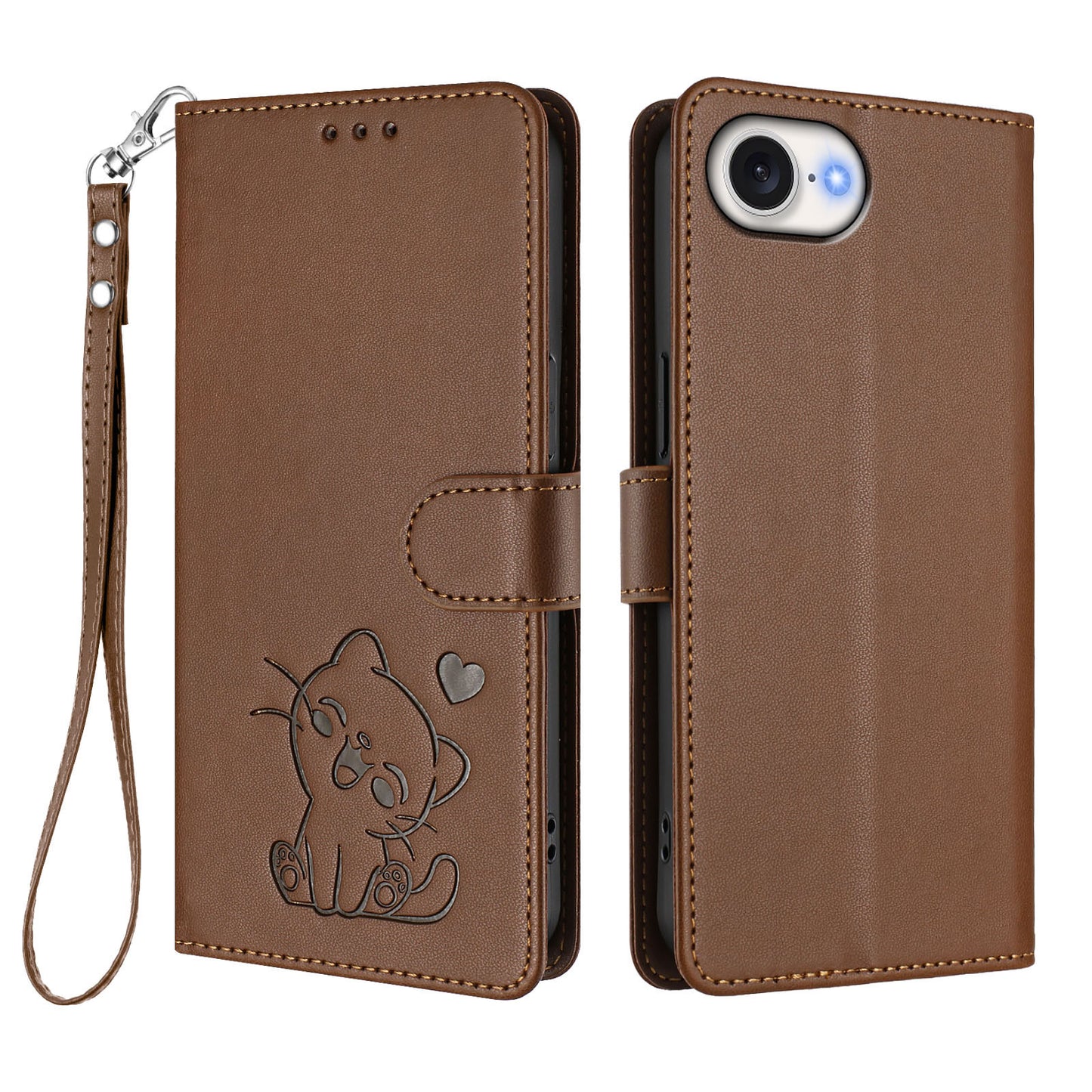 For iPhone 17e / 16e Wallet Case with Wrist Strap Love Cat Pattern Imprint Leather Phone Cover