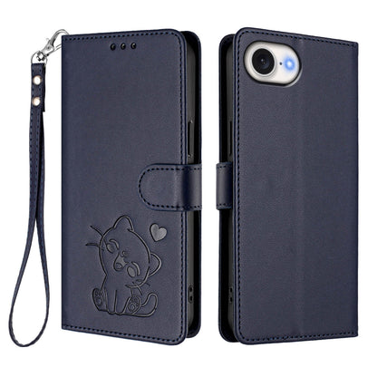 For iPhone 17e / 16e Wallet Case with Wrist Strap Love Cat Pattern Imprint Leather Phone Cover