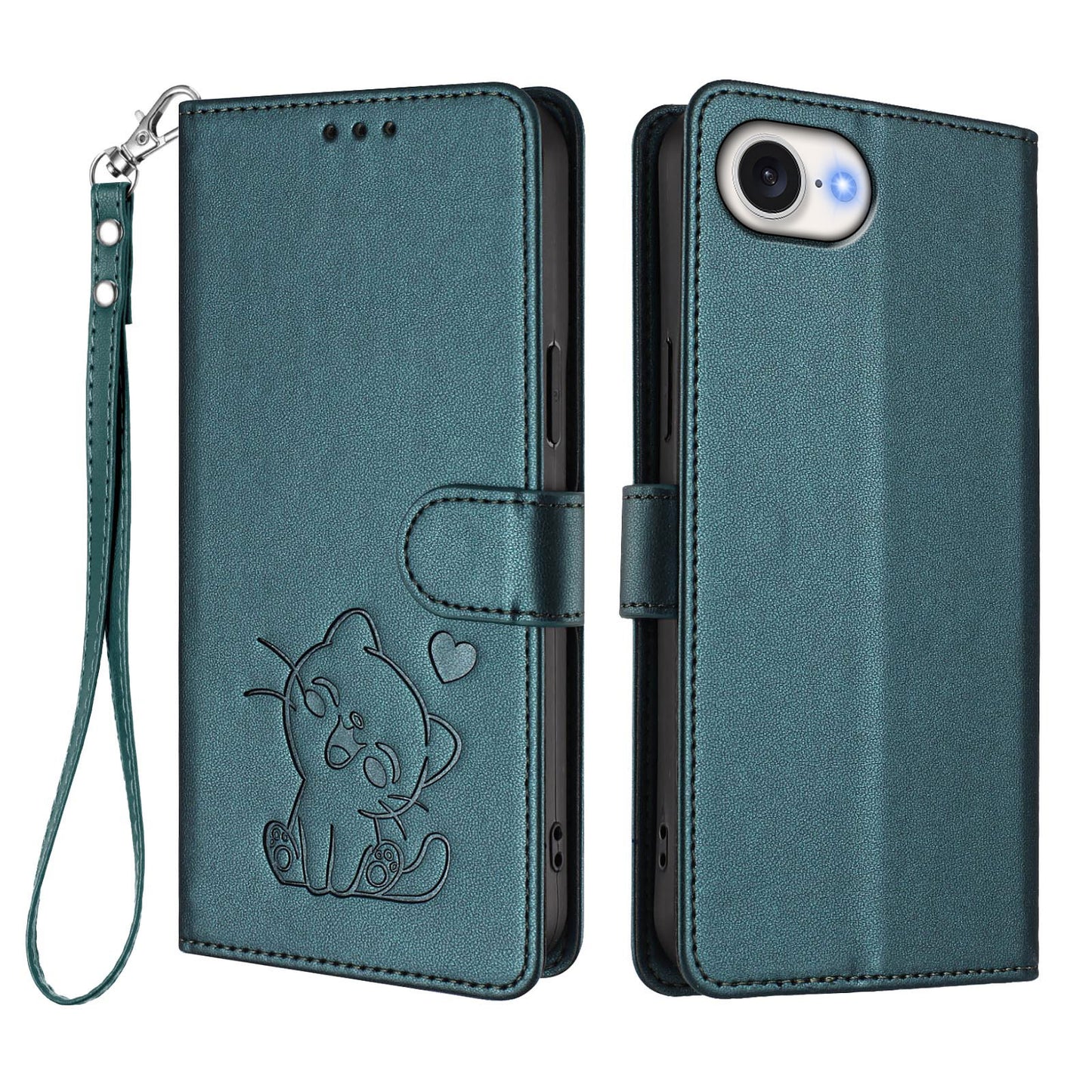 For iPhone 17e / 16e Wallet Case with Wrist Strap Love Cat Pattern Imprint Leather Phone Cover