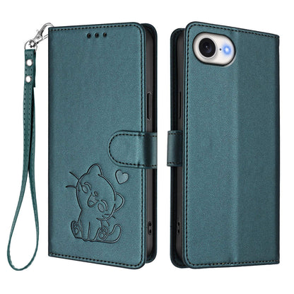 For iPhone 17e / 16e Wallet Case with Wrist Strap Love Cat Pattern Imprint Leather Phone Cover