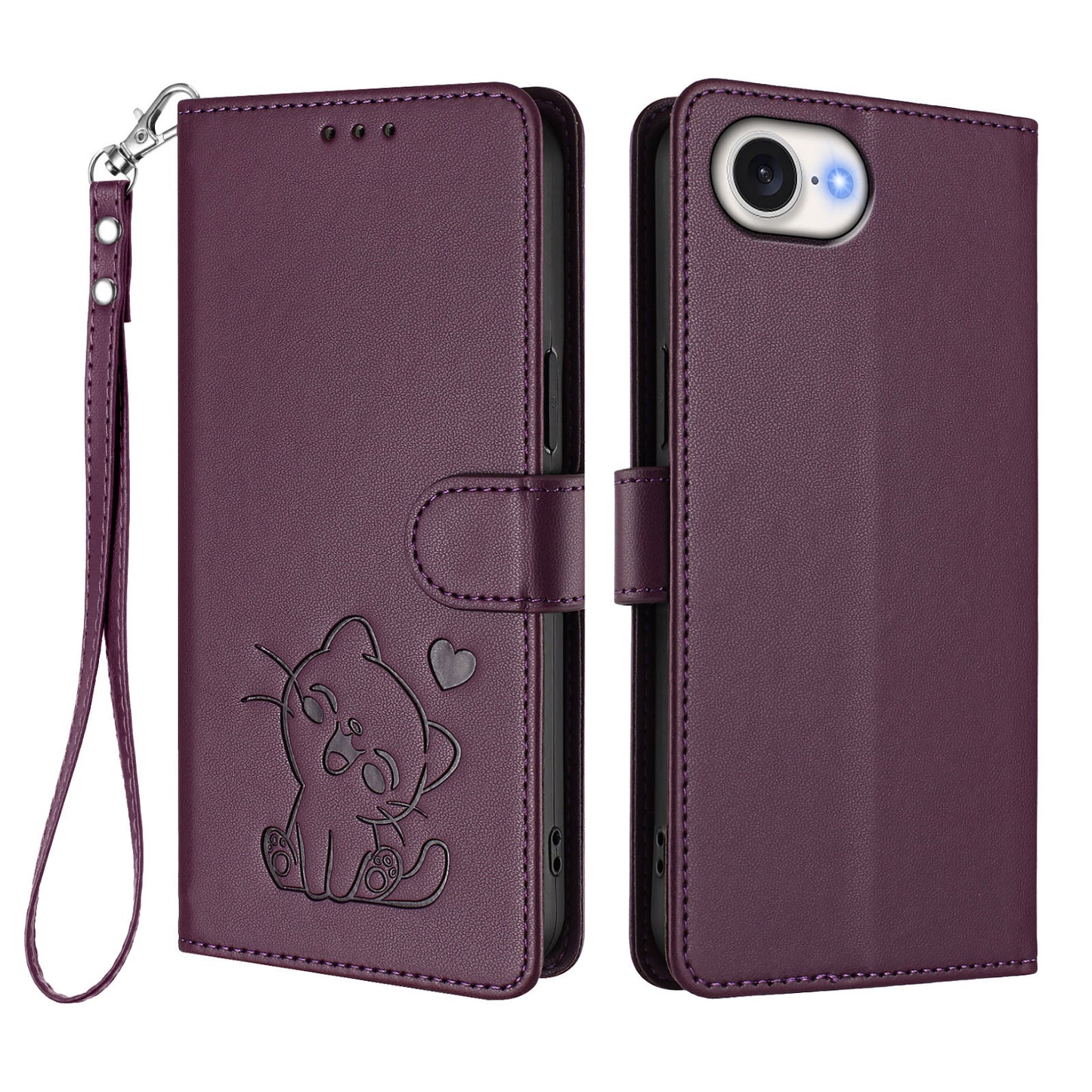 For iPhone 17e / 16e Wallet Case with Wrist Strap Love Cat Pattern Imprint Leather Phone Cover