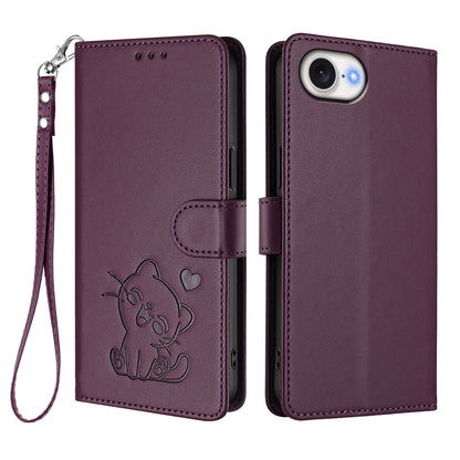 For iPhone 17e / 16e Wallet Case with Wrist Strap Love Cat Pattern Imprint Leather Phone Cover