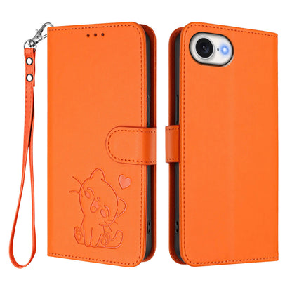 For iPhone 17e / 16e Wallet Case with Wrist Strap Love Cat Pattern Imprint Leather Phone Cover