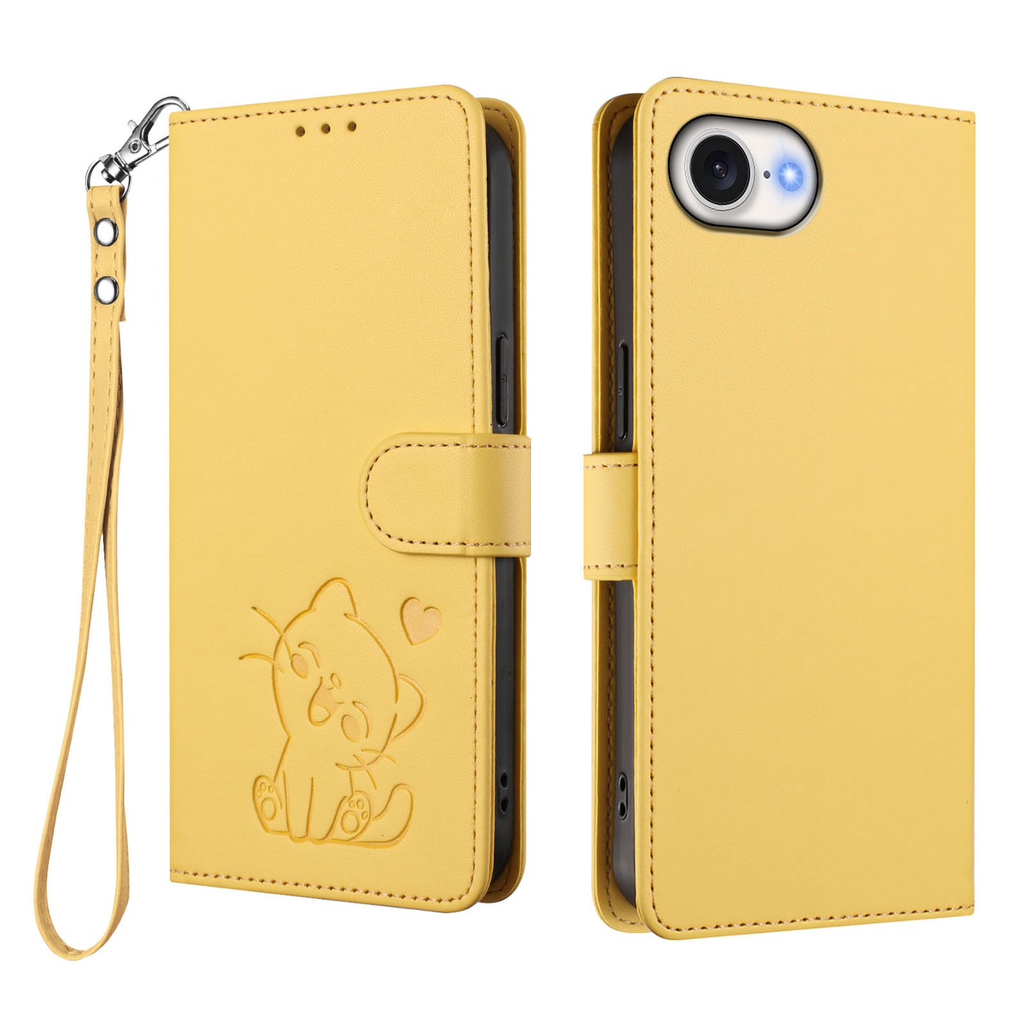 For iPhone 17e / 16e Wallet Case with Wrist Strap Love Cat Pattern Imprint Leather Phone Cover