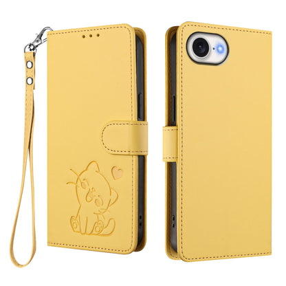 For iPhone 17e / 16e Wallet Case with Wrist Strap Love Cat Pattern Imprint Leather Phone Cover