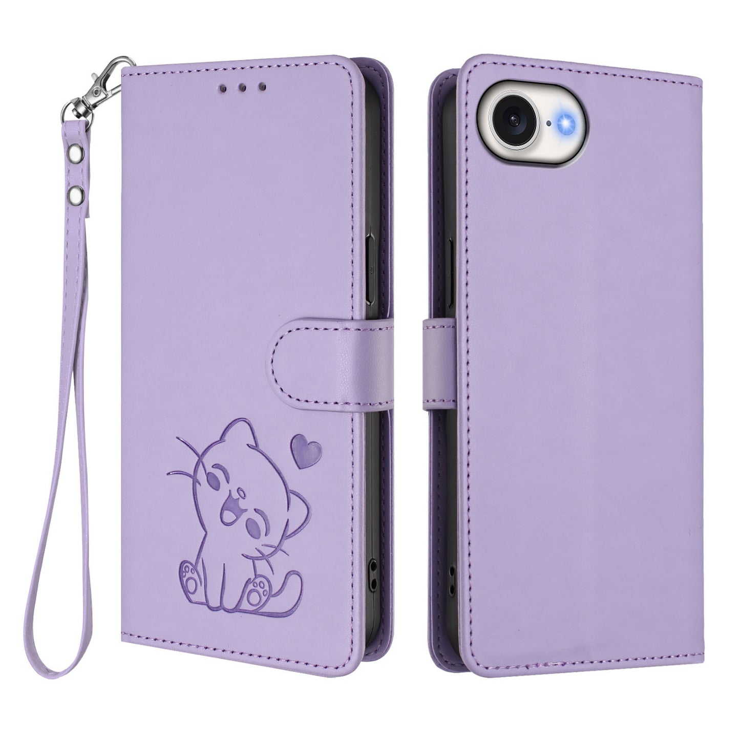 For iPhone 17e / 16e Wallet Case with Wrist Strap Love Cat Pattern Imprint Leather Phone Cover