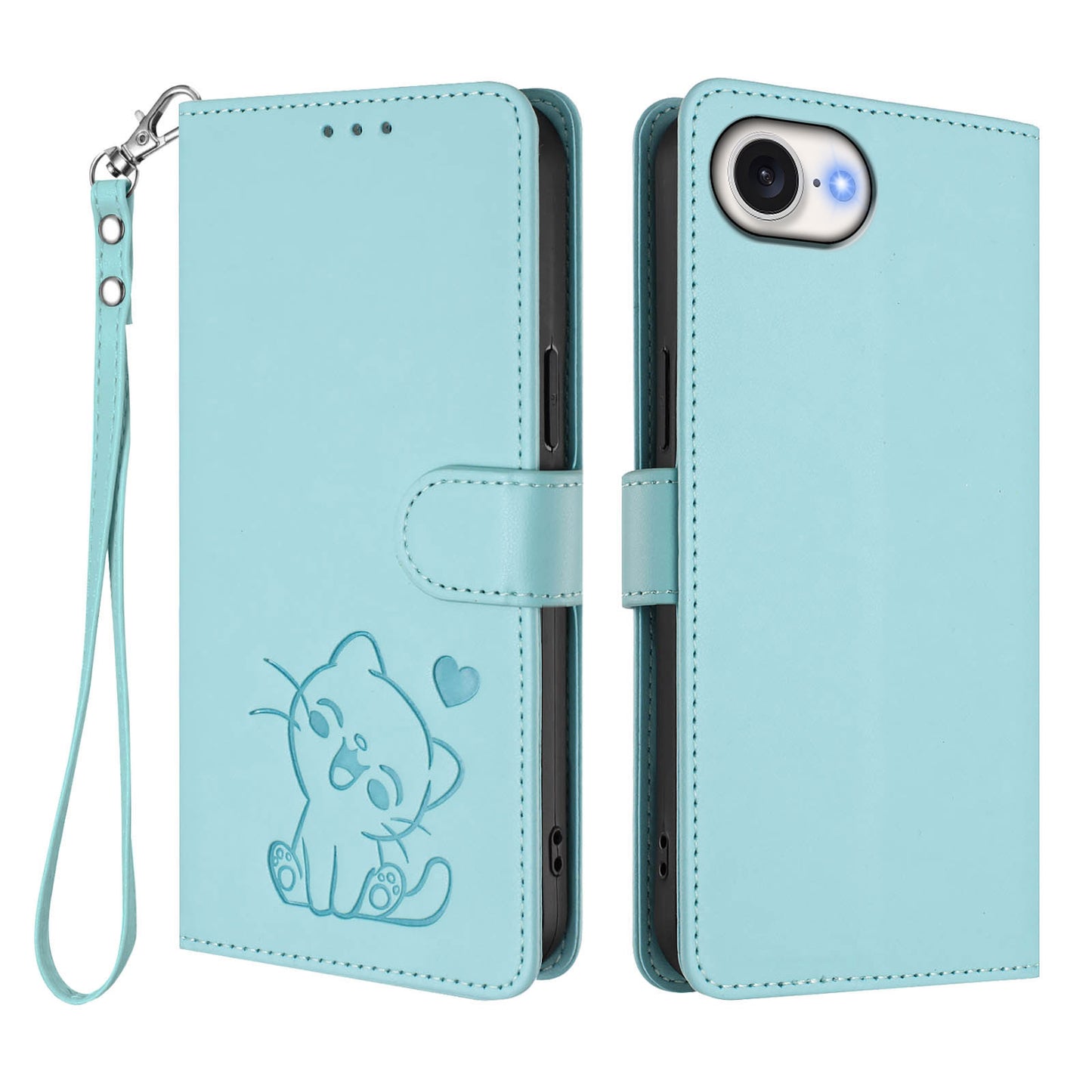 For iPhone 17e / 16e Wallet Case with Wrist Strap Love Cat Pattern Imprint Leather Phone Cover