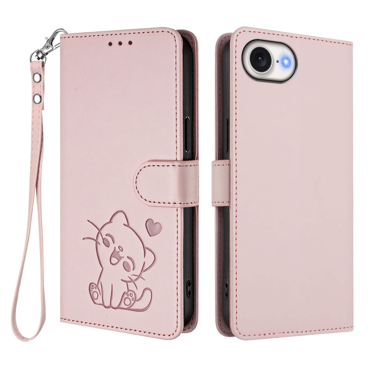 For iPhone 17e / 16e Wallet Case with Wrist Strap Love Cat Pattern Imprint Leather Phone Cover