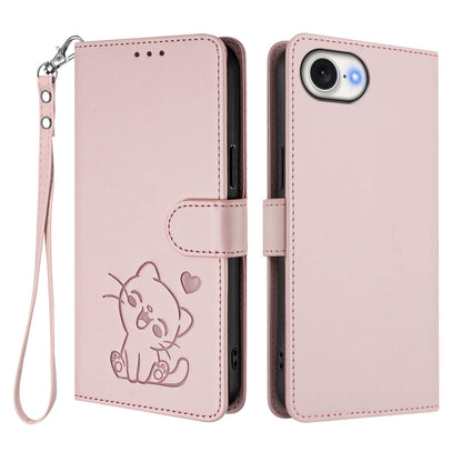 For iPhone 17e / 16e Wallet Case with Wrist Strap Love Cat Pattern Imprint Leather Phone Cover