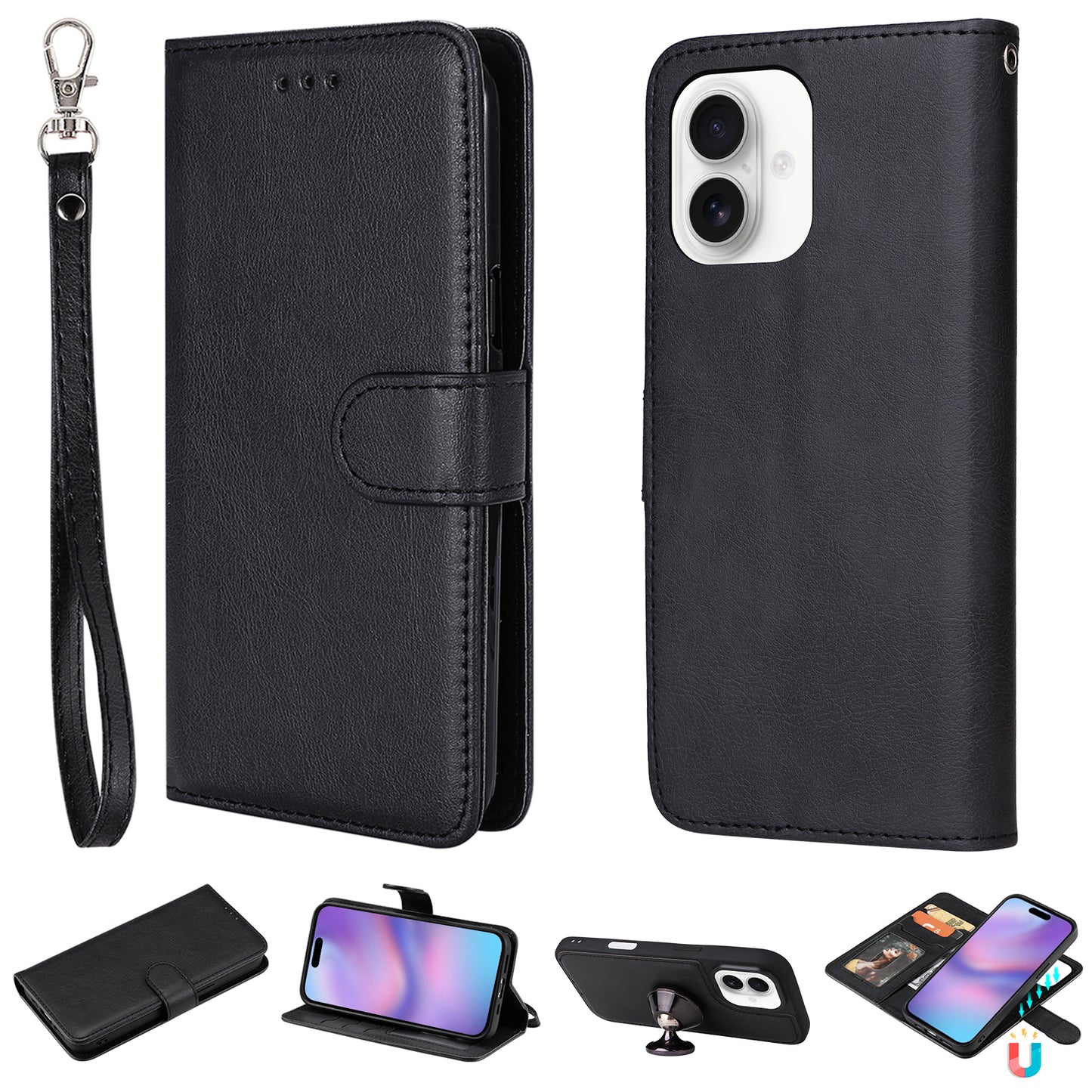 For iPhone 17 Case 2 in 1 Detachable Magnetic Leather Wallet Mobile Cover with Strap