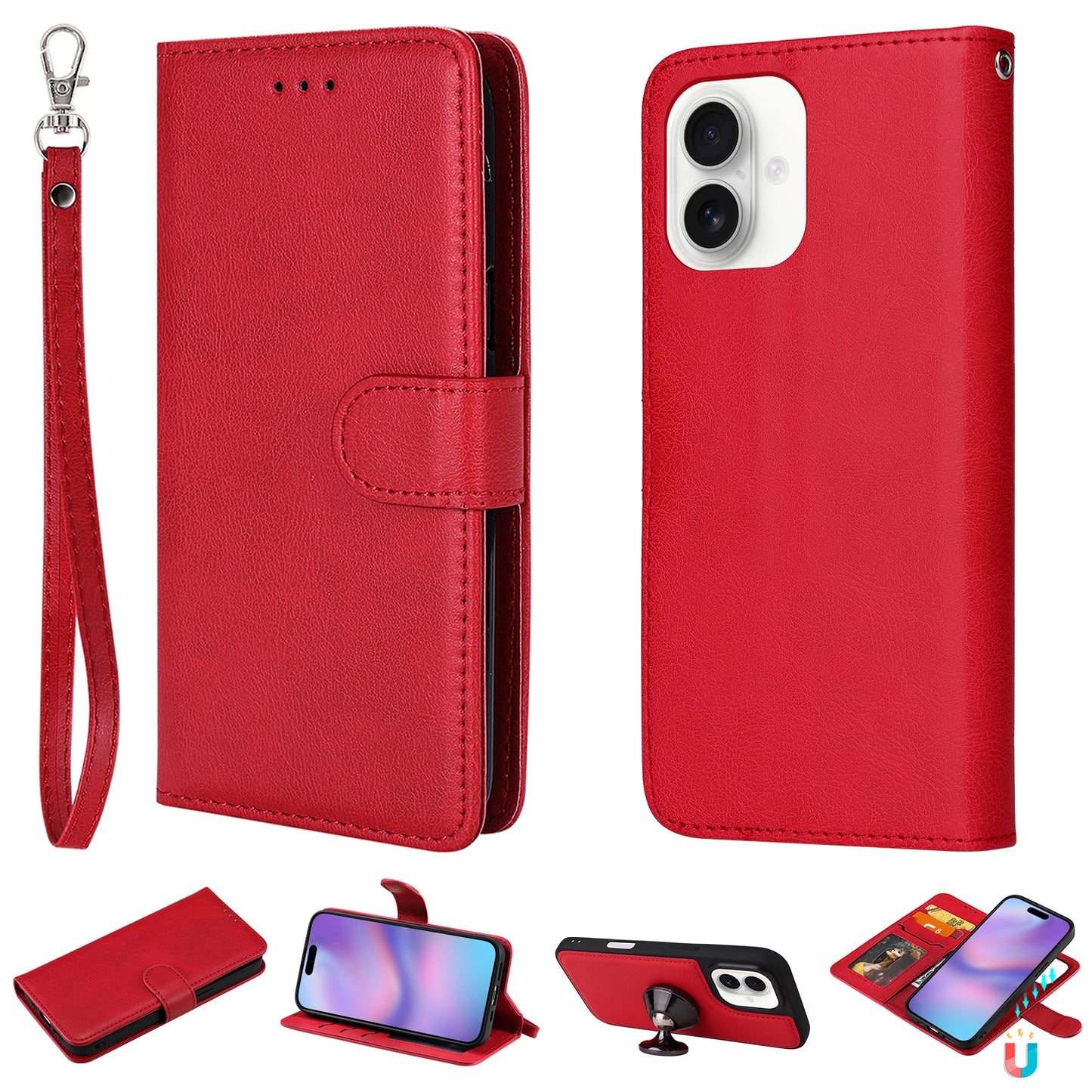 For iPhone 17 Case 2 in 1 Detachable Magnetic Leather Wallet Mobile Cover with Strap