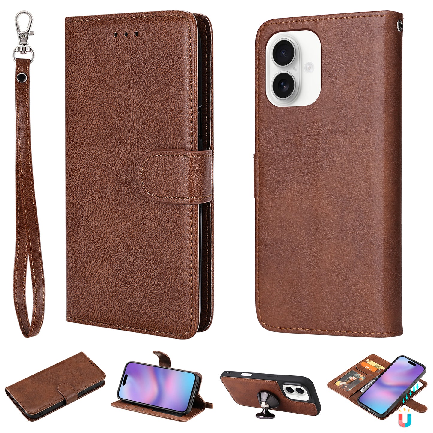 For iPhone 17 Case 2 in 1 Detachable Magnetic Leather Wallet Mobile Cover with Strap