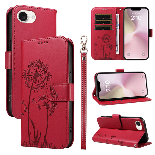 For iPhone 17e / 16e Leather Wallet Case with Strap Dandelion Imprint Phone Stand Cover