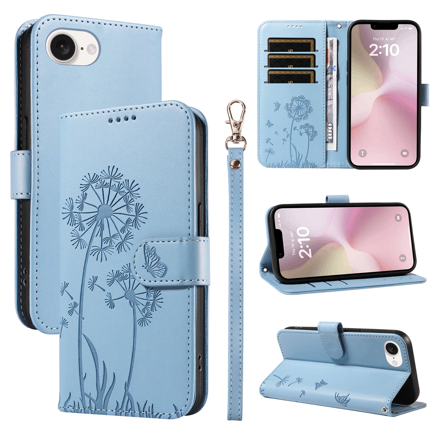 For iPhone 17e / 16e Leather Wallet Case with Strap Dandelion Imprint Phone Stand Cover