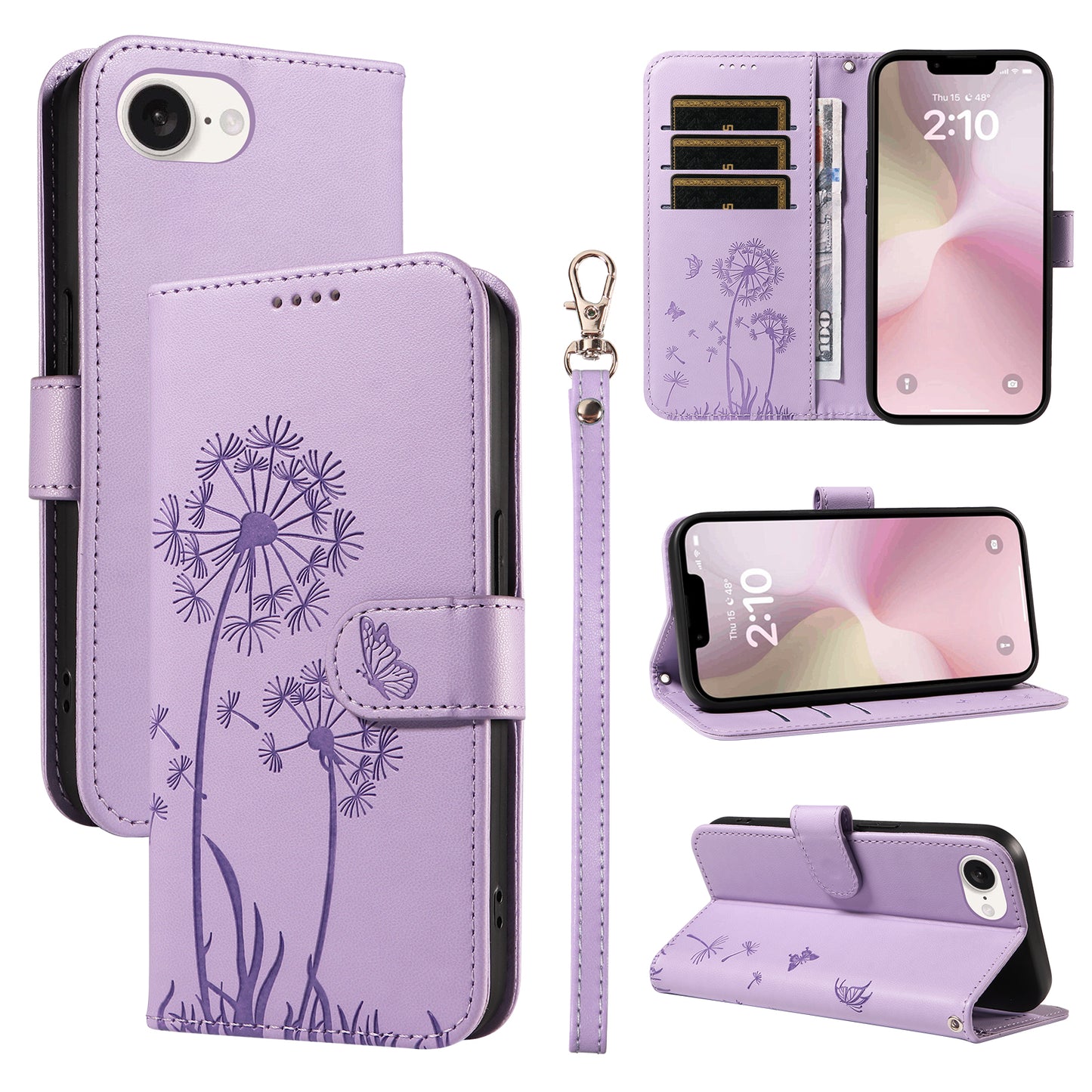 For iPhone 17e / 16e Leather Wallet Case with Strap Dandelion Imprint Phone Stand Cover