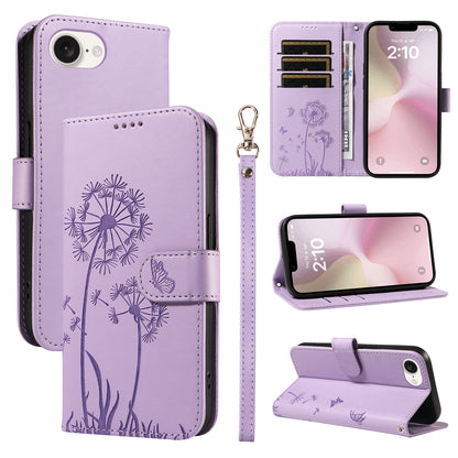 For iPhone 17e / 16e Leather Wallet Case with Strap Dandelion Imprint Phone Stand Cover