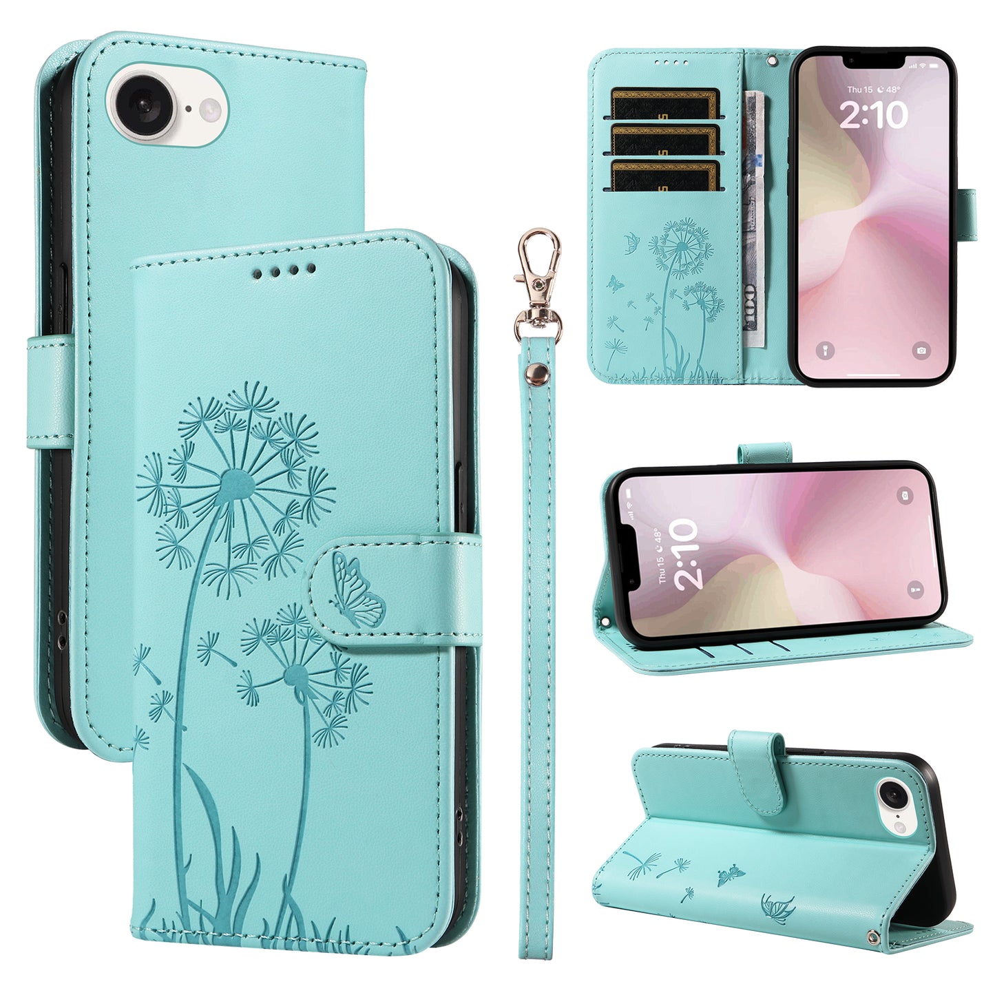 For iPhone 17e / 16e Leather Wallet Case with Strap Dandelion Imprint Phone Stand Cover