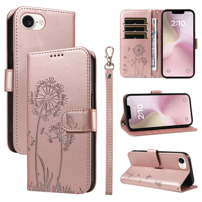 For iPhone 17e / 16e Leather Wallet Case with Strap Dandelion Imprint Phone Stand Cover